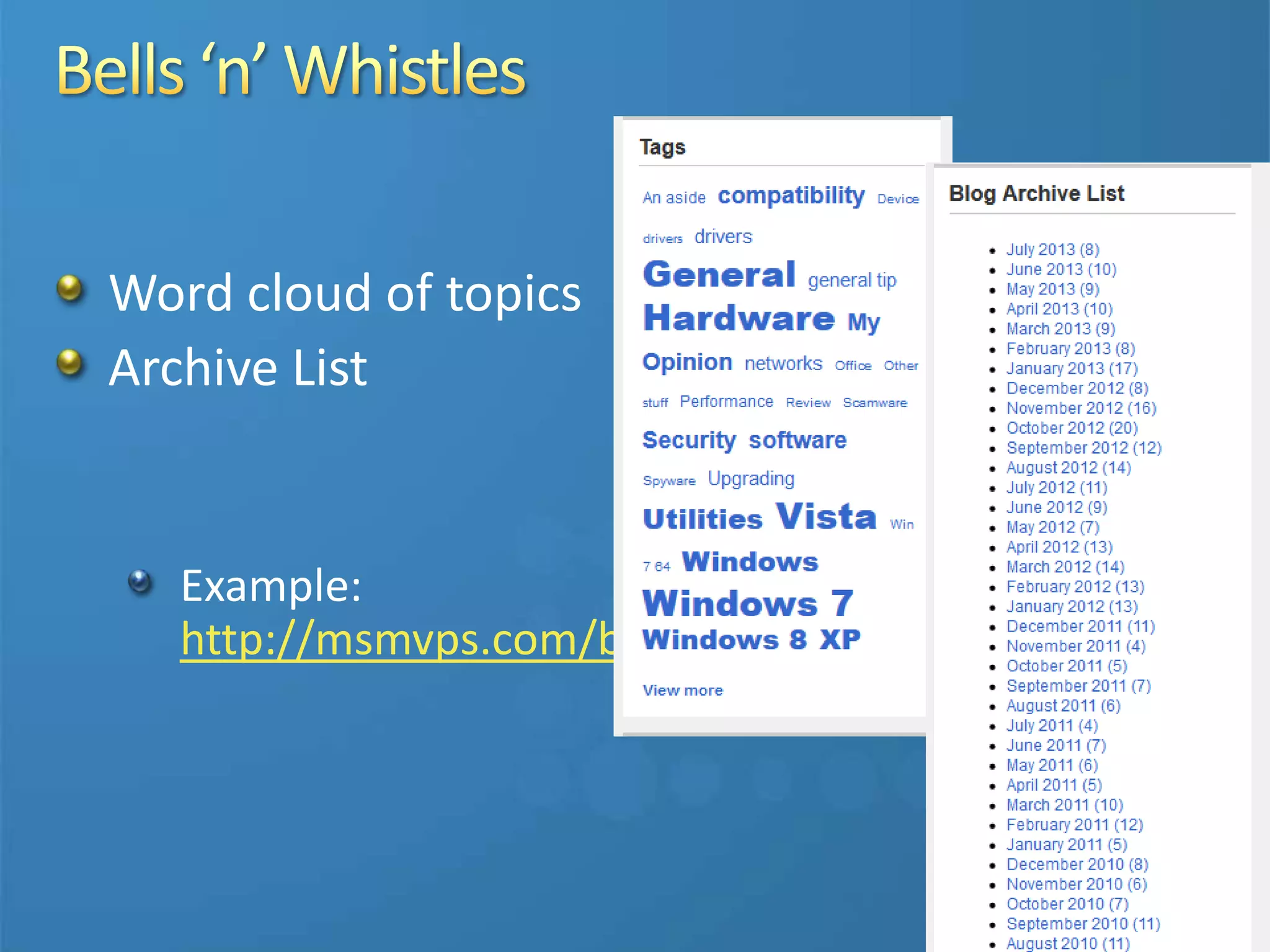 Word cloud of topics
Archive List
Example:
http://msmvps.com/blogs/mikehall/default.aspx
 