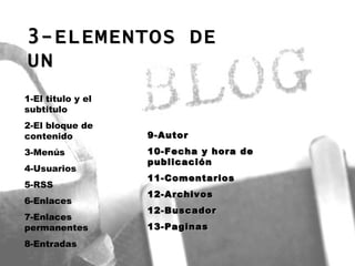 3-ELEMENTOS DE UN   1-El titulo y el subtitulo 2-El bloque de contenido 3-Menús  4-Usuarios 5-RSS 6-Enlaces 7-Enlaces permanentes 8-Entradas 9-Autor 10-Fecha y hora de publicación 11-Comentarios 12-Archivos 12-Buscador 13-Paginas 
