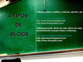 4-TIPOS  DE BLOGS 1- Blog temático: política, noticias, opinión, etc. http://www.saboruniversal.com http://www.forouniversitario.net/ http://www.literaturalibre.com/ 2-Blog personal: diario de vida, diario de viaje. Generalmente incluyen fotos o historias.   http://dreamingplace.blogspot.com/ http://glomayol.blogspot.com/ http://www.extrujado.com/ 