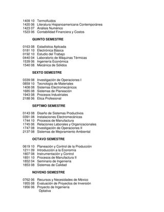 1409 10 Termofluidos
1420 06 Literatura Hispanoamericana Contemporánea
1423 07 Análisis Numérico
1523 06 Contabilidad Financiera y Costos
QUINTO SEMESTRE
0163 08 Estadística Aplicada
0181 10 Electrónica Básica
0192 10 Estudio del Trabajo
0440 04 Laboratorio de Máquinas Térmicas
1539 06 Ingeniería Económica
1540 08 Mecánica de Sólidos
SEXTO SEMESTRE
0339 08 Investigación de Operaciones I
0859 10 Tecnología de Materiales
1408 08 Sistemas Electromecánicos
1685 08 Sistemas de Planeación
1943 08 Procesos Industriales
2188 06 Etica Profesional
SEPTIMO SEMESTRE
0143 08 Diseño de Sistemas Productivos
0391 08 Instalaciones Electromecánicas
1744 10 Procesos de Manufactura
1745 06 Relaciones Laborales y Organizacionales
1747 08 Investigación de Operaciones II
2137 08 Sistemas de Mejoramiento Ambiental
OCTAVO SEMESTRE
0619 10 Planeación y Control de la Producción
1211 09 Introducción a la Economía
1807 08 Instrumentación y Control
1851 10 Procesos de Manufactura II
1852 04 Seminario de Ingeniería
1853 08 Sistemas de Calidad
NOVENO SEMESTRE
0762 06 Recursos y Necesidades de México
1955 08 Evaluación de Proyectos de Inversión
1956 06 Proyecto de Ingeniería
Optativa
 