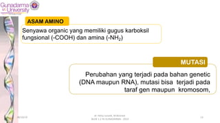 ASAM AMINO
Senyawa organic yang memiliki gugus karboksil
fungsional (-COOH) dan amina (-NH2)
MUTASI
Perubahan yang terjadi pada bahan genetic
(DNA maupun RNA), mutasi bisa terjadi pada
taraf gen maupun kromosom,
28/10/19
dr. Helsy Junaidi, M.Biomed.
BLOK 1.2 FK GUNADARMA - 2019
13
 