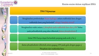DNA Polymerase
Mengkatalisis pembentukan ikatan hydrogen antara nukleotida baru dengan
nukleotida lama yang bertindak” sebagai “template strand”
Mengkatalisis reaksi antara 5’ phosphate pada nukleotida baru dan 3 OH’ bebas
pada polinukleotida yang akan dibentuk (ikatan phosphodiester)
Untai DNA hanya dapat bertambah panjang pada arah 5' ke 3'
ikatan phosphodiester dibentuk antara gugug 3'OH pada gula dengan gugus 5'
Phosphate dari nukleotida baru
Enzim-enzim dalam replikasi DNA
28/10/19
dr. Helsy Junaidi, M.Biomed.
BLOK 1.2 FK GUNADARMA - 2019
21
 