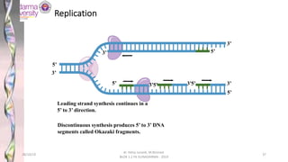 3’
5’
3’
5’
5’ 3’
5’
3’
3’
5’ 5’
3’
Leading strand synthesis continues in a
5’ to 3’ direction.
Discontinuous synthesis produces 5’ to 3’ DNA
segments called Okazaki fragments.
Replication
28/10/19
dr. Helsy Junaidi, M.Biomed.
BLOK 1.2 FK GUNADARMA - 2019
37
 