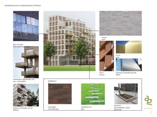 1
2
REFERENTIES GEVEL EN MATERIALEN EXTERIEUR
terrastegel
(bronskleurig)
stapstenen en
gras
BINNENTUI
N
TECU
bronze
aluminium (grijskleurig, RAL
9007)
TECU
gold
betonnen
plantenbakken grijze
bestrating
hoekbalkon afgewisseld met
een recht balkon
metsel
werk
glas met folie
(voor balustrade balkon)
speelse verspringen van de
balkons
 