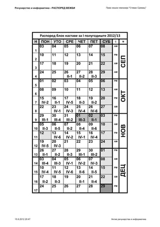 Рачунарство и информатика - РАСПОРЕД ВЕЖБИ                           Прва нишка гимназија "Стеван Сремац"




                       Распоред блок наставе за I полугодиште 2012/13
                  Н     ПОН УТО СРЕ ЧЕТ ПЕТ СУБ                             С      М

                       03   04  05  06  07  08                              AM

                  1
                       10    11      12       13       14       15          PM




                                                                                 СЕП
                  2
                       17    18      19       20       21       22          AM

                  3
                       24    25      26       27       28       29          AM

                  4                   II-1     II-2     II-3
                       01    02      03       04       05       06          PM

                  5
                       08    09      10       11       12       13          AM




                                                                                 ОКТ
                  6
                     15     16       17       18       19       20          PM

                   7  IV-2    II-1    IV-5      II-3     II-2
                     22     23       24       25       26       27          AM

                   8         IV-1     IV-3     IV-4     IV-6
                     29     30       31       01       02       03          PM

                   9  III-1  III-4    III-2    III-3     II-1
                     05     06       07       08       09       10          AM   НОВ
                  10   II-3   II-5     II-2     II-4     II-6
                     12     13       14       15       16       17          PM

                  11         IV-6     IV-2     IV-1     IV-4
                     19     20       21       22       23       24          AM

                  12 IV-5    IV-3
                     26     27       28       29       30       01          PM

                  13   II-1   II-2     II-3    III-1    III-2
                     03     04       05       06       07       08          AM

                  14 III-4   III-3    IV-1     IV-2     IV-3
                                                                                 ДЕЦ




                     10     11       12       13       14       15          PM

                  15 IV-4    IV-5     IV-6      II-6     II-5
                     17     18       19       20       21       22          AM

                  16   II-2   II-3              II-1     II-4
                     24     25       26       27       28       29          PM

                  17




15.9.2012 20:47                                                          Актив рачунарства и информатике
 