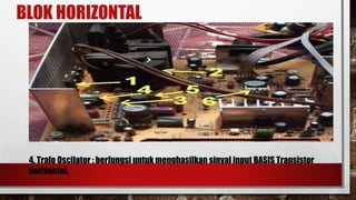 BLOK HORIZONTAL
4. Trafo Oscilator : berfungsi untuk menghasilkan sinyal input BASIS Transistor
horisontal.
 