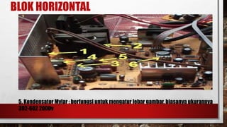 BLOK HORIZONTAL
5. Kondensator Mylar : berfungsi untuk mengatur lebar gambar, biasanya ukurannya
392-602 2000v
 