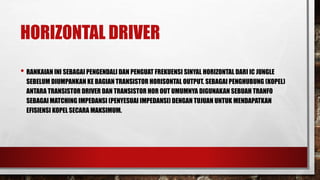 HORIZONTAL DRIVER
• RANKAIAN INI SEBAGAI PENGENDALI DAN PENGUAT FREKUENSI SINYAL HORIZONTAL DARI IC JUNGLE
SEBELUM DIUMPANKAN KE BAGIAN TRANSISTOR HORISONTAL OUTPUT. SEBAGAI PENGHUBUNG (KOPEL)
ANTARA TRANSISTOR DRIVER DAN TRANSISTOR HOR OUT UMUMNYA DIGUNAKAN SEBUAH TRANFO
SEBAGAI MATCHING IMPEDANSI (PENYESUAI IMPEDANSI) DENGAN TUJUAN UNTUK MENDAPATKAN
EFISIENSI KOPEL SECARA MAKSIMUM.
 