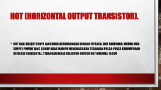 HOT (HORIZONTAL OUTPUT TRANSISTOR).
• HOT KAKI KOLEKTORNYA LANGSUNG BERHUBUNGAN DENGAN FLYBACK. HOT BERFUNGSI UNTUK MEN-
SUPPLY POWER YANG CUKUP AGAR MAMPU MENGHASILKAN TEGANGAN PULSA-PULSA KEKUMPARAN
DEFLEKSI HORISONTAL. TEGANGAN KERJA KOLEKTOR-EMITOR HOT MINIMAL 1500V
 