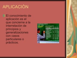 APLICACIÒN El conocimiento de aplicación es el que concierne a la interrelación de principios y generalizaciones con casos particulares o prácticos.  