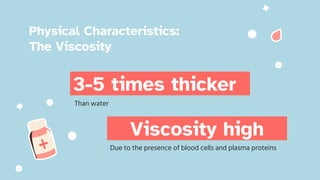 3-5 times thicker
Viscosity high
Due to the presence of blood cells and plasma proteins
Physical Characteristics:
The Viscosity
Than water
 