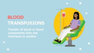 BLOOD
TRANSFUSIONS
Transfer of blood or blood
components from one
individual to another
 