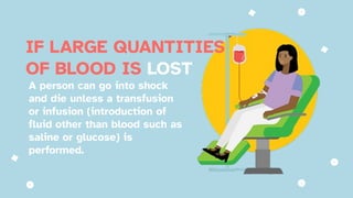 IF LARGE QUANTITIES
OF BLOOD IS LOST
A person can go into shock
and die unless a transfusion
or infusion (introduction of
fluid other than blood such as
saline or glucose) is
performed.
 