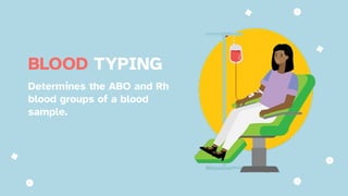 BLOOD TYPING
Determines the ABO and Rh
blood groups of a blood
sample.
 
