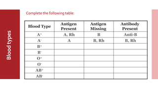 MajorABO
BloodGroup
Bloodtypes
Blood Type
Antigen
Present
Antigen
Missing
Antibody
Present
A+ A, Rh B Anti-B
A- A B, Rh B, Rh
B+
B-
O+
O-
AB+
AB-
Complete the following table:
 