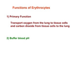 1) Primary Function
Transport oxygen from the lung to tissue cells
and carbon dioxide from tissue cells to the lung
Functions of Erythrocytes
2) Buffer blood pH
 