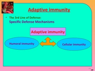Adaptive immunity
• The 3rd Line of Defense:
Specific Defense Mechanisms
100
Adaptive immunity
Humoral immunity Cellular immunity
100
 