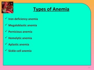Types of Anemia
 Iron deficiency anemia
 Megaloblastic anemia
 Pernicious anemia
 Hemolytic anemia
 Aplastic anemia
 Sickle-cell anemia
25
 
