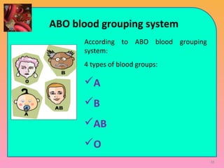 According to ABO blood grouping
system:
4 types of blood groups:
A
B
AB
O
ABO blood grouping system
38
 