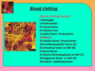 Blood clotting
Blood clotting factors:
I.Fibrinogen
II.Prothrombin
III.Tissue factor
IV.Calcium ions
V.Labile factor- Proaccelerin
VI.Absent
VII.Stable factor- Proconvertin
VIII.Antihaemophilic factor (A)
IX.Christmas factor or AHF (B)
X.Stuart factor
XI.Plasma thromboplastin or AHF (C)
XII.Hageman factor or AHF (D)
XIII.Fibrin- stabilizing factor
50
 