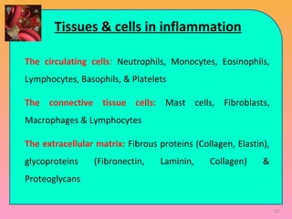 Tissues & cells in inflammation
The circulating cells: Neutrophils, Monocytes, Eosinophils,
Lymphocytes, Basophils, & Platelets
The connective tissue cells: Mast cells, Fibroblasts,
Macrophages & Lymphocytes
The extracellular matrix: Fibrous proteins (Collagen, Elastin),
glycoproteins (Fibronectin, Laminin, Collagen) &
Proteoglycans
67
 