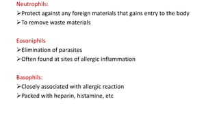 Neutrophils:
Protect against any foreign materials that gains entry to the body
To remove waste materials
Eosoniphils
Elimination of parasites
Often found at sites of allergic inflammation
Basophils:
Closely associated with allergic reaction
Packed with heparin, histamine, etc
 