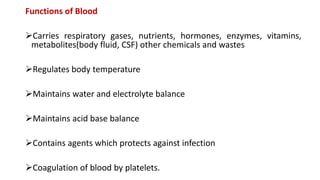 Functions of Blood
Carries respiratory gases, nutrients, hormones, enzymes, vitamins,
metabolites(body fluid, CSF) other chemicals and wastes
Regulates body temperature
Maintains water and electrolyte balance
Maintains acid base balance
Contains agents which protects against infection
Coagulation of blood by platelets.
 