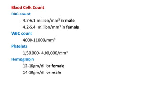 Blood Cells Count
RBC count
4.7-6.1 million/mm3 in male
4.2-5.4 million/mm3 in female
WBC count
4000-11000/mm3
Platelets
1,50,000- 4,00,000/mm3
Hemoglobin
12-16gm/dl for female
14-18gm/dl for male
 