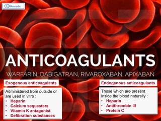 Endogenous anticoagulants
Those which are present
inside the blood naturally :
• Heparin
• Antithrombin III
• Protein C
Exogenous anticoagulants
Administered from outside or
are used in vitro :
• Heparin
• Calcium sequesters
• Vitamin K antagonist
• Defibration substances
 