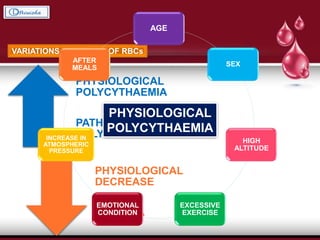 VARIATIONS IN COUNTS OF RBCs
PHYSIOLOGICAL
POLYCYTHAEMIA
PATHOLOGICAL
POLYCYTHAEMIA
PHYSIOLOGICAL
DECREASE
ANAEMIA
AGE
SEX
HIGH
ALTITUDE
EXCESSIVE
EXERCISE
EMOTIONAL
CONDITION
INCREASE IN
ATMOSPHERIC
PRESSURE
AFTER
MEALS
PHYSIOLOGICAL
POLYCYTHAEMIA
 