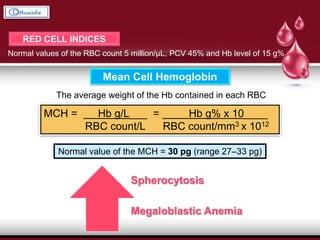 RED CELL INDICES
Normal values of the RBC count 5 million/μL, PCV 45% and Hb level of 15 g%
Mean Cell Hemoglobin
The average weight of the Hb contained in each RBC
MCH = Hb g/L___ = Hb g% x 10____
RBC count/L RBC count/mm3 x 1012
Normal value of the MCH = 30 pg (range 27–33 pg)
Spherocytosis
Megaloblastic Anemia
 