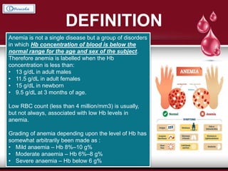 DEFINITION
Anemia is not a single disease but a group of disorders
in which Hb concentration of blood is below the
normal range for the age and sex of the subject.
Therefore anemia is labelled when the Hb
concentration is less than:
• 13 g/dL in adult males
• 11.5 g/dL in adult females
• 15 g/dL in newborn
• 9.5 g/dL at 3 months of age.
Low RBC count (less than 4 million/mm3) is usually,
but not always, associated with low Hb levels in
anemia.
Grading of anemia depending upon the level of Hb has
somewhat arbitrarily been made as :
• Mild anaemia – Hb 8%–10 g%
• Moderate anaemia – Hb 6%–8 g%
• Severe anaemia – Hb below 6 g%
 