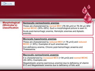 Morphological
(Wintrobe’s)
classification
Normocytic normochromic anemias.
These are characterized by normal MCV (78–94 μm3 or 78–94 μL) and
normal MCHC (30%–38%). Such a morphological picture is seen in:
Acute post-hemorrhagic anemia, Hemolytic anemias and Aplastic
anemias.
Microcytic hypochromic anemias.
These are characterized by reduced MCV (< 78 μm3) and reduced
MCHC (< 30%). Examples of such anemias are:
Iron-deficiency anemia, Chronic post-hemorrhagic anaemia and
Thalassemia.
Macrocytic normochromic anaemia.
It is characterized by increased MCV (> 94 μm3) and normal MCHC
(30–38%). Examples are:
Megaloblastic anemia (pernicious anemia) due to deficiency of vitamin
B12 and Megaloblastic anemia due to deficiency of folic acid
 