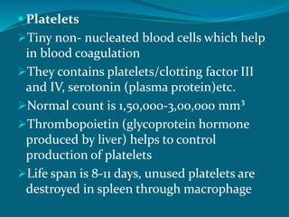  Platelets
Tiny non- nucleated blood cells which help
in blood coagulation
They contains platelets/clotting factor III
and IV, serotonin (plasma protein)etc.
Normal count is 1,50,000-3,00,000 mm³
Thrombopoietin (glycoprotein hormone
produced by liver) helps to control
production of platelets
Life span is 8-11 days, unused platelets are
destroyed in spleen through macrophage
 