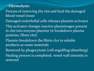  Fibrinolysis:
Process of removing the clot and heal the damaged
blood vessel tissue
Damaged endothelial cells releases plasmin activator
This activator changes inactive plasminogen present
in clot into enzyme plasmin (it breakdown plasma
proteins, fibrin clot)
Plasmin breakdown the fibrin clot to soluble
products as waste materials
Removed by phagocytosis (cell engulfing/absorbing)
Healing process is completed, vessel wall intensity is
restored
 