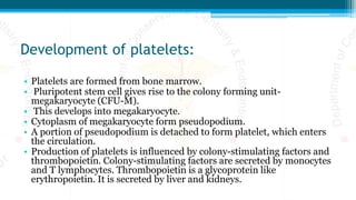 Development of platelets:
• Platelets are formed from bone marrow.
• Pluripotent stem cell gives rise to the colony forming unit-
megakaryocyte (CFU-M).
• This develops into megakaryocyte.
• Cytoplasm of megakaryocyte form pseudopodium.
• A portion of pseudopodium is detached to form platelet, which enters
the circulation.
• Production of platelets is influenced by colony-stimulating factors and
thrombopoietin. Colony-stimulating factors are secreted by monocytes
and T lymphocytes. Thrombopoietin is a glycoprotein like
erythropoietin. It is secreted by liver and kidneys.
 