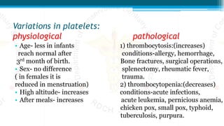 Variations in platelets:
physiological pathological
• Age- less in infants 1) thrombocytosis:(increases)
reach normal after conditions-allergy, hemorrhage,
3rd month of birth. Bone fractures, surgical operations,
• Sex- no difference splenectomy, rheumatic fever,
( in females it is trauma.
reduced in menstruation) 2) thrombocytopenia:(decreases)
• High altitude- increases conditions-acute infections,
• After meals- increases acute leukemia, pernicious anemia,
chicken pox, small pox, typhoid,
tuberculosis, purpura.
 