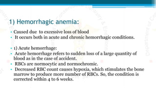 1) Hemorrhagic anemia:
• Caused due to excessive loss of blood
• It occurs both in acute and chronic hemorrhagic conditions.
• 1) Acute hemorrhage:
• Acute hemorrhage refers to sudden loss of a large quantity of
blood as in the case of accident.
• RBCs are normocytic and normochromic.
• Decreased RBC count causes hypoxia, which stimulates the bone
marrow to produce more number of RBCs. So, the condition is
corrected within 4 to 6 weeks.
 
