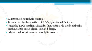 • A. Extrinsic hemolytic anemia:
• It is caused by destruction of RBCs by external factors.
• Healthy RBCs are hemolized by factors outside the blood cells
such as antibodies, chemicals and drugs.
• also called autoimmune hemolytic anemia.
 