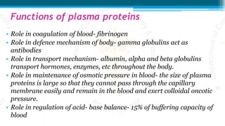 Functions of plasma proteins
• Role in coagulation of blood- fibrinogen
• Role in defence mechanism of body- gamma globulins act as
antibodies
• Role in transport mechanism- albumin, alpha and beta globulins
transport hormones, enzymes, etc throughout the body.
• Role in maintenance of osmotic pressure in blood- the size of plasma
proteins is large so that they cannot pass through the capillary
membrane easily and remain in the blood and exert colloidal oncotic
pressure.
• Role in regulation of acid- base balance- 15% of buffering capacity of
blood
 