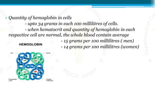 • Quantity of hemoglobin in cells
- upto 34 grams in each 100 millilitres of cells.
- when hematocrit and quantity of hemoglobin in each
respective cell are normal, the whole blood contain average
- 15 grams per 100 millilitres ( men)
- 14 grams per 100 millilitres (women)
 