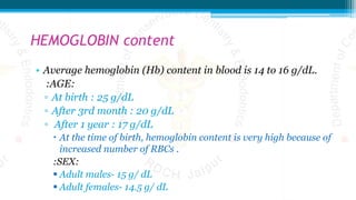 HEMOGLOBIN content
• Average hemoglobin (Hb) content in blood is 14 to 16 g/dL.
:AGE:
▫ At birth : 25 g/dL
▫ After 3rd month : 20 g/dL
▫ After 1 year : 17 g/dL
 At the time of birth, hemoglobin content is very high because of
increased number of RBCs .
:SEX:
 Adult males- 15 g/ dL
 Adult females- 14.5 g/ dL
 