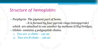 Structure of hemoglobin:
• Porphyrin- The pigment part of heme.
- It is formed by four pyrrole rings (tetrapyrrole)
which are attached to one another by methane (CH4) bridges.
• Globin- contains 4 polypeptide chains.
1. Two are α-chain – 141 aa
2. Two are β-chain – 146 aa
 
