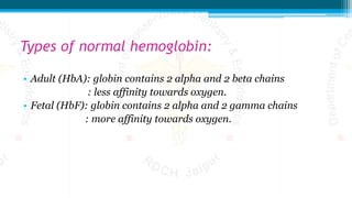 Types of normal hemoglobin:
• Adult (HbA): globin contains 2 alpha and 2 beta chains
: less affinity towards oxygen.
• Fetal (HbF): globin contains 2 alpha and 2 gamma chains
: more affinity towards oxygen.
 