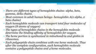 • There are different types of hemoglobin chains: alpha, beta,
gamma, delta chains.
• Most common in adult human beings- hemoglobin A(2 alpha, 2
beta chains)
• Each hemoglobin molecule can transport total four molecules of
oxygen (8 atoms of oxygen)
• The types of hemoglobin chains in the hemoglobin molecule
determine the binding affinity of hemoglobin for oxygen.
• The heme portion is synthesized in mitochondria and globin in
ribosomes.
• Each polypeptide chain combines with one heme molecule. Thus
after the complete configuration, each hemoglobin molecule
contains 4 polypeptide chains and 4 heme molecules.
 