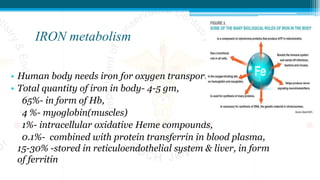 IRON metabolism
• Human body needs iron for oxygen transport.
• Total quantity of iron in body- 4-5 gm,
65%- in form of Hb,
4 %- myoglobin(muscles)
1%- intracellular oxidative Heme compounds,
0.1%- combined with protein transferrin in blood plasma,
15-30% -stored in reticuloendothelial system & liver, in form
of ferritin
 