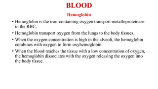 BLOOD
Hemoglobin
• Hemoglobin is the iron-containing oxygen transport metalloproteinase
in the RBC.
• Hemoglobin transport oxygen from the lungs to the body tissues.
• When the oxygen concentration is high in the alveoli, the hemoglobin
combines with oxygen to form oxyhemoglobin.
• When the blood reaches the tissue with a low concentration of oxygen,
the hemoglobin dissociates with the oxygen releasing the oxygen into
the body tissue.
 