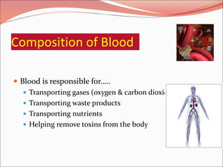 Composition of Blood
 Blood is responsible for…..
 Transporting gases (oxygen & carbon dioxide)
 Transporting waste products
 Transporting nutrients
 Helping remove toxins from the body
 