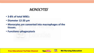 MONOCYTES
• 3-8% of total WBCs
• Diameter 12-20 µm
• Monocytes are converted into macrophages of the
tissues.
• Functions:-phagocytosis
Free Educational YouTube Channel Md Nursing Education
 