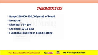 THROMBOCYTES
• Range 250,000-500,000/mm3 of blood
• No nuclei
• Diameter :-2-4 µm
• Life span:-10-12 days
• Functions:-involved in blood clotting
Free Educational YouTube Channel Md Nursing Education
 